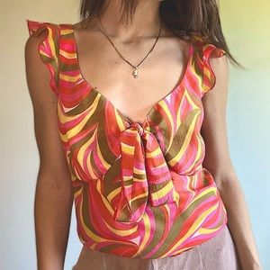 Groovy Retro Bandoling Swirl Bright Pink / Orange / Green / Yellow V Neck Blouse